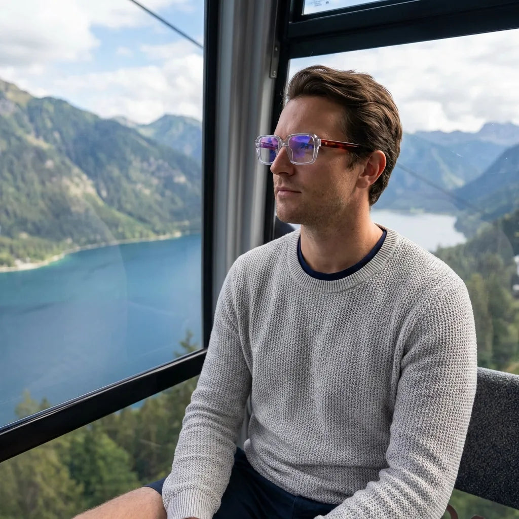 Lentes ópticos London Acetate Transparente modelo en teleférico con vista a lago Bonoboss #editorial_lifestyle2 #color_transparente