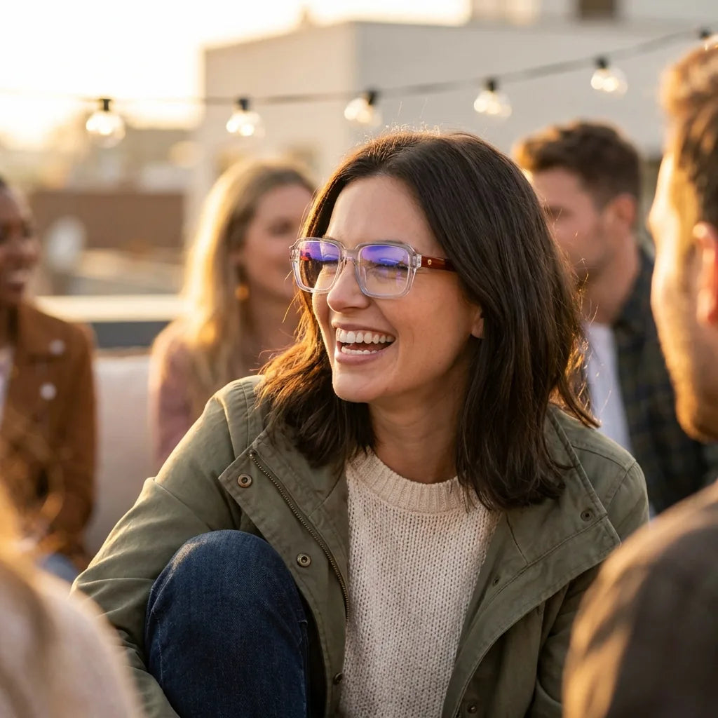 Lentes ópticos London Acetate Transparente modelo en contexto social urbano profesional Bonoboss #editorial_lifestyle3 #color_transparente