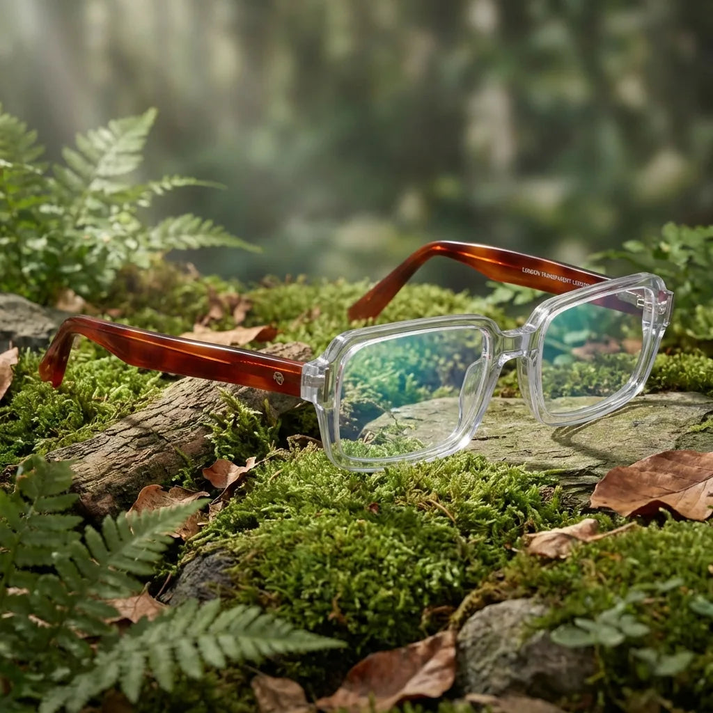 Lentes ópticos London Acetate Transparente en bosque verde natural diseño sustentable Bonoboss #editorial_sustentabilidad #color_transparente