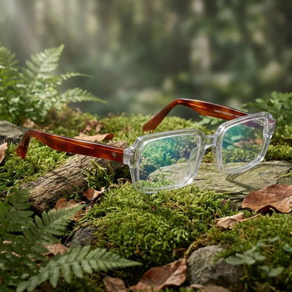 Lentes ópticos London Acetate Transparente en bosque verde natural diseño sustentable Bonoboss #editorial_sustentabilidad #color_transparente