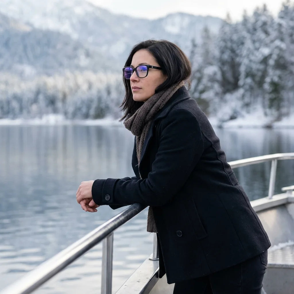 Lentes ópticos Maite Negro modelo en barco lago con bosque nevado Bonoboss #editorial_lifestyle2 #color_negro