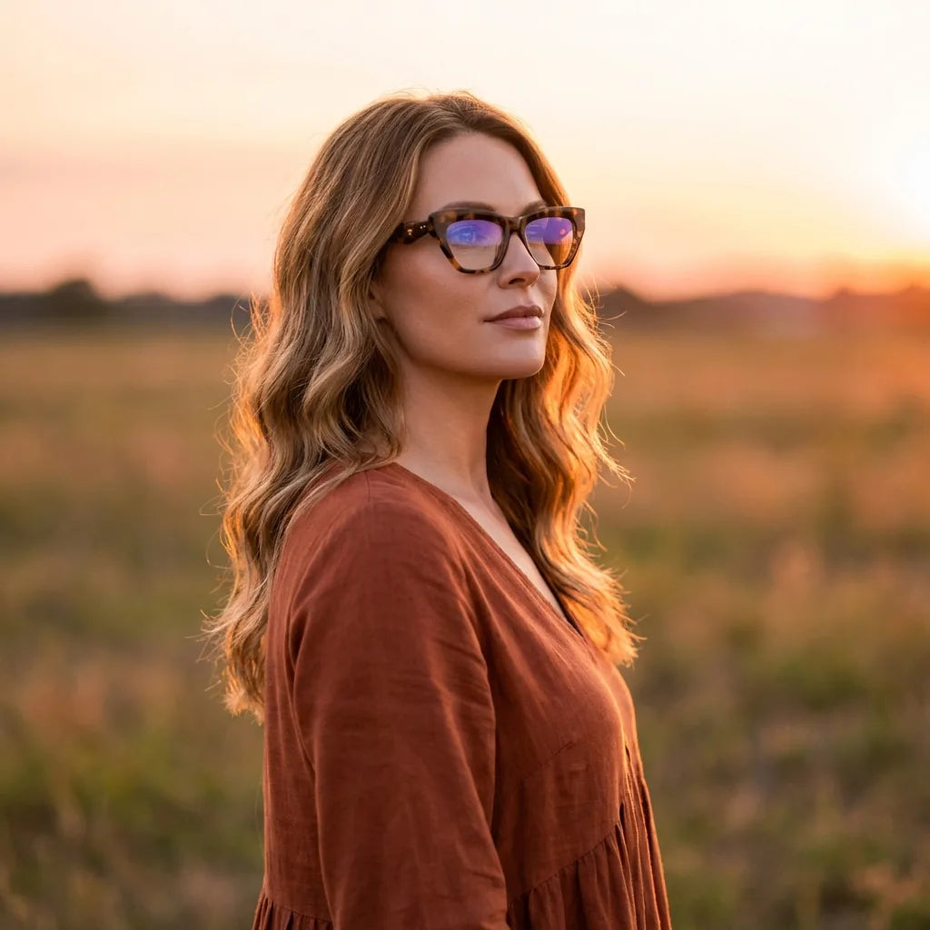 Lentes ópticos Minerva Carey mujer en luz dorada golden hour elegante Bonoboss #editorial_lifestyle1 #color_carey