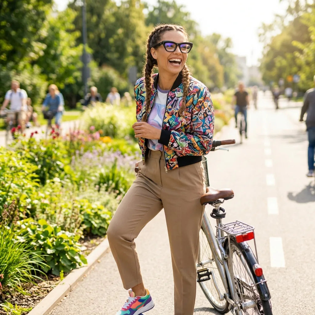 Lentes ópticos Minerva Negro mujer ciclista urbana estilo café Bonoboss #editorial_lifestyle4 #color_negro