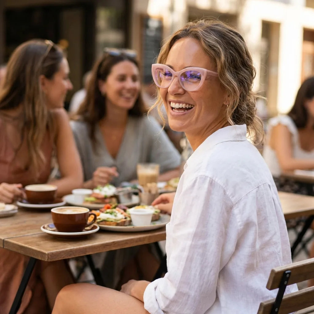Lentes ópticos Montgat Rosado mujer en café con amigas ambiente social Bonoboss #editorial_lifestyle1 #color_rosado