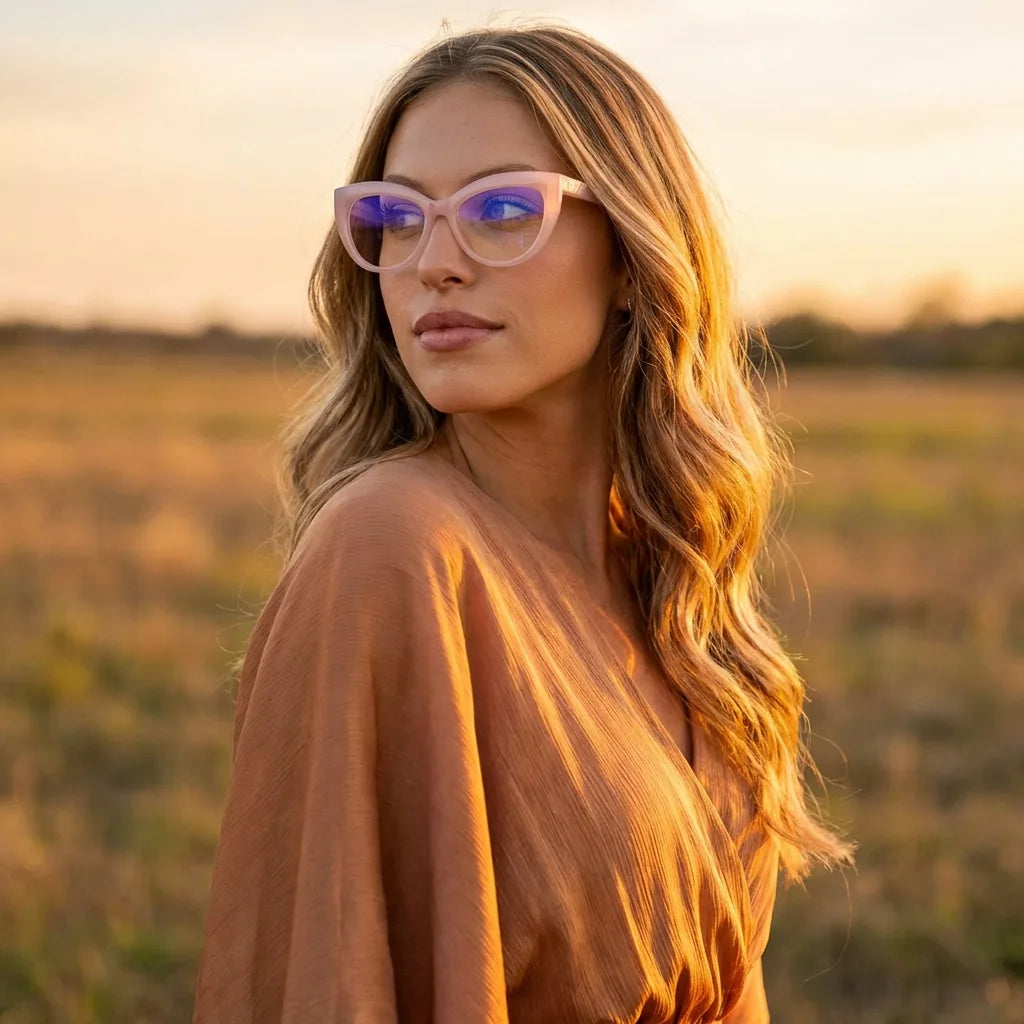 Lentes ópticos Montgat Rosado mujer en luz dorada golden hour elegante Bonoboss #editorial_lifestyle2 #color_rosado