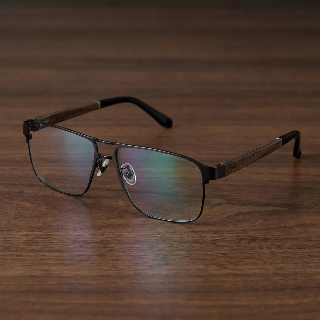 Lentes ópticos Neruda Negro sobre escritorio de madera premium calidad premium receta Bonoboss #editorial_banner_confianza #color_negro