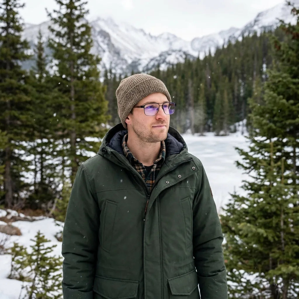 Lentes ópticos Neruda Negro modelo con gorro en bosque nevado invernal Bonoboss #editorial_lifestyle1 #color_negro