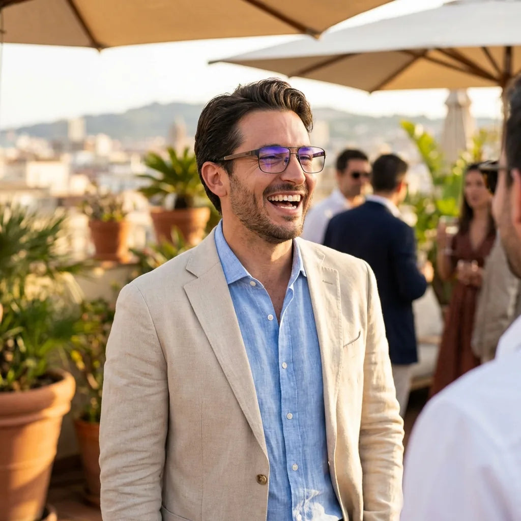 Lentes ópticos Neruda Negro mujer en terraza con vista panorámica Bonoboss #editorial_lifestyle3 #color_negro
