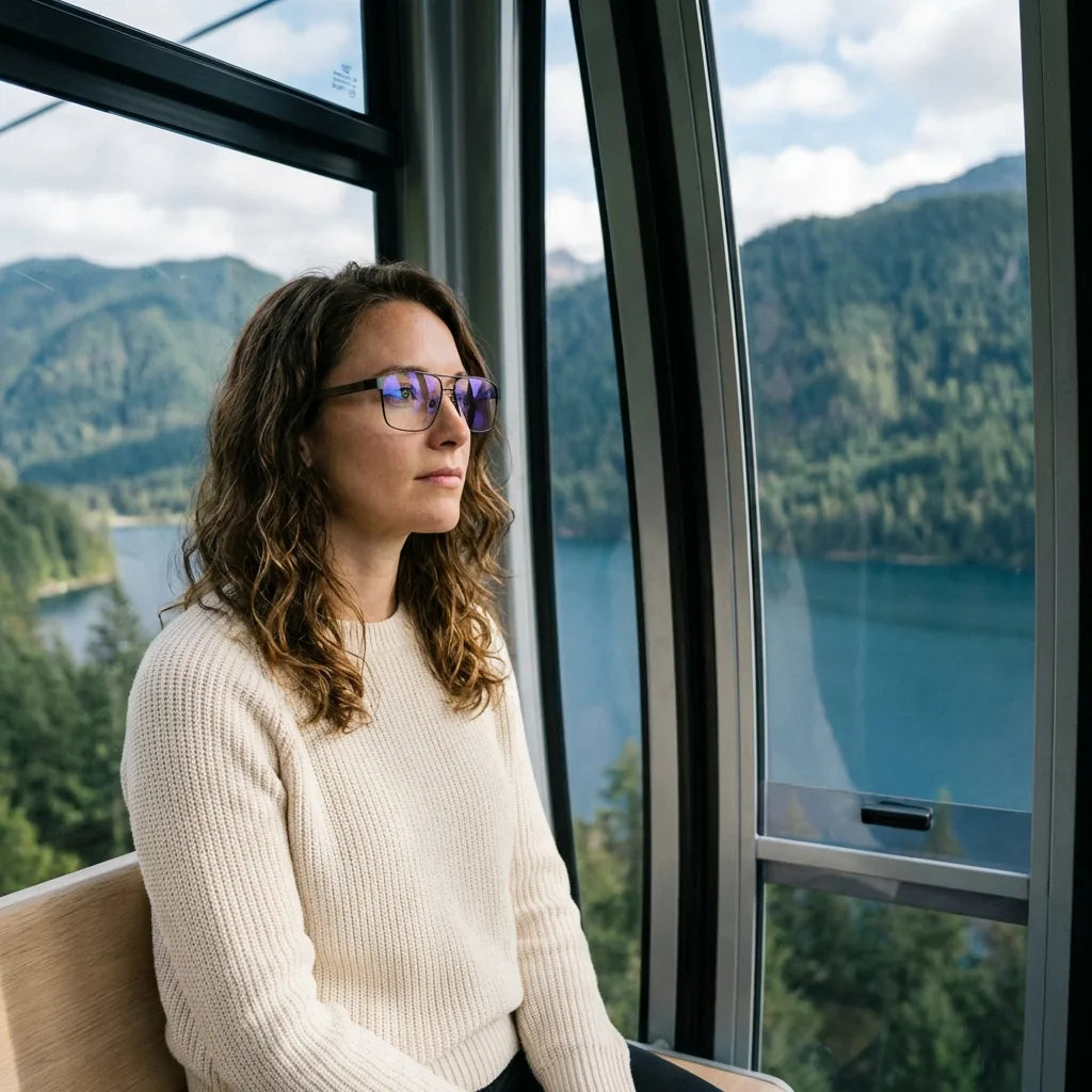 Lentes ópticos Neruda Negro modelo en teleférico con vista a lago Bonoboss #editorial_lifestyle4 #color_negro