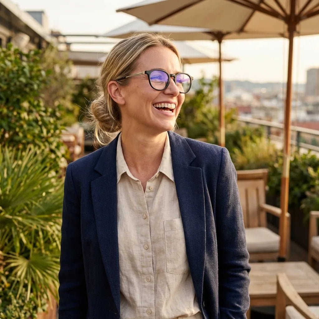 Lentes ópticos Octavia Negro mujer en terraza con vista panorámica Bonoboss #editorial_lifestyle2 #color_negro