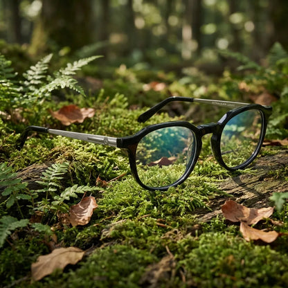 Lentes ópticos Octavia Negro en bosque verde natural diseño sustentable Bonoboss #editorial_sustentabilidad #color_negro