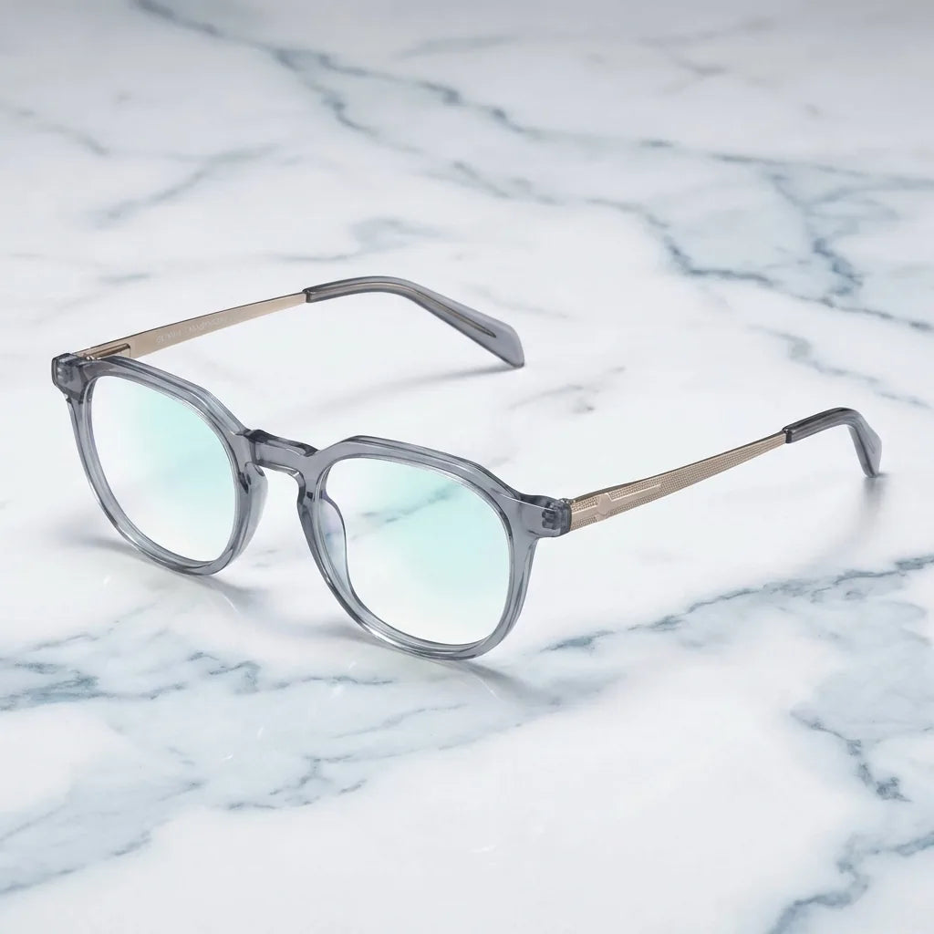 Lentes ópticos Octavia Transparente sobre mármol blanco elegante armazón premium Bonoboss #editorial_armazon #color_transparente
