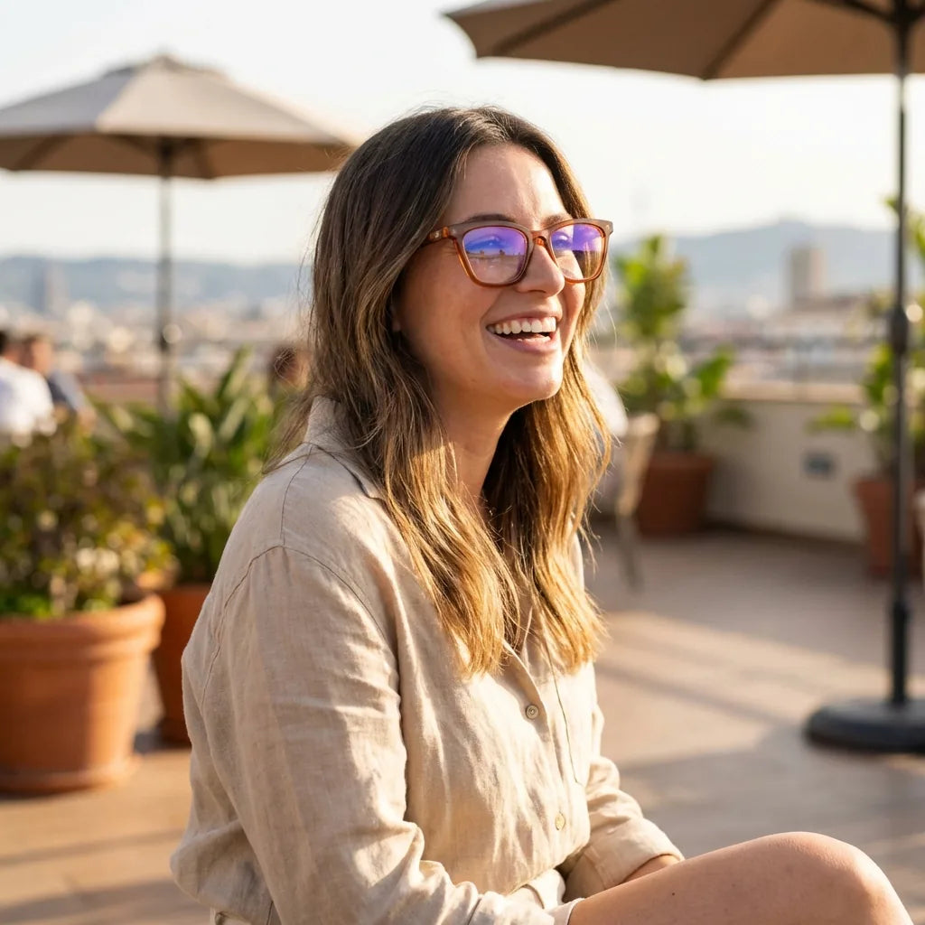 Lentes ópticos Oliver Brown mujer en terraza con vista panorámica Bonoboss #editorial_lifestyle2 #color_brown