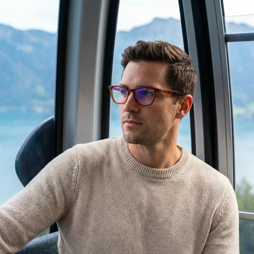 Lentes ópticos Oliver Brown modelo en teleférico con vista a lago Bonoboss #editorial_lifestyle3 #color_brown