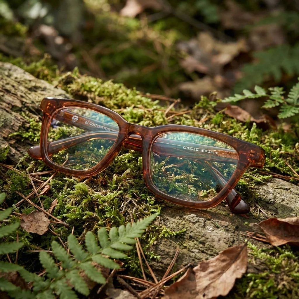 Lentes ópticos Oliver Brown en bosque verde natural diseño sustentable Bonoboss #editorial_sustentabilidad #color_brown