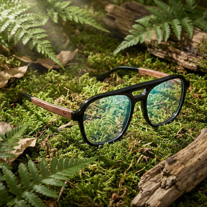 Lentes ópticos Orson Negro en bosque verde natural diseño sustentable Bonoboss #editorial_sustentabilidad #color_negro