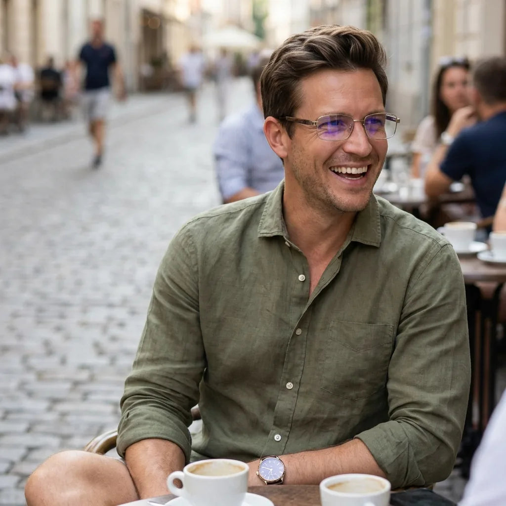 Lentes ópticos Pablo Dorado hombre en café con amigos ambiente social Bonoboss #editorial_lifestyle2 #color_dorado