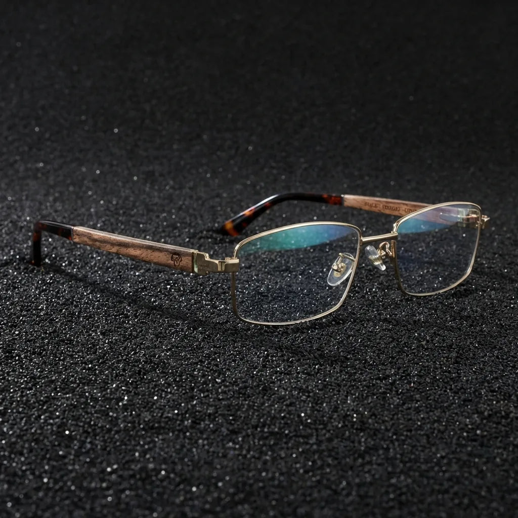 Lentes ópticos Pablo Dorado sobre arena volcánica texturizada diseño sustentable Bonoboss #editorial_sustentabilidad #color_dorado