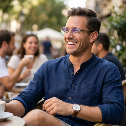 Lentes ópticos Pablo Plateado hombre en café con amigos ambiente social Bonoboss #editorial_lifestyle1 #color_plateado