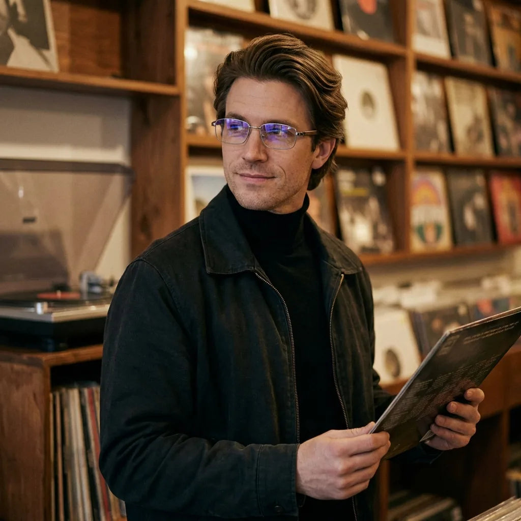Lentes ópticos Pablo Plateado hombre escuchando vinilo estilo creativo Bonoboss #editorial_lifestyle3 #color_plateado