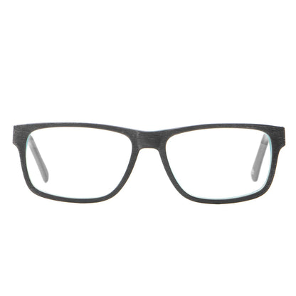 vista frontal de armazones o marcos opticos de material sustentable reciclado ecologico de forma rectangular de color negro para hombre y mujer de cara redonda#color_darkblue