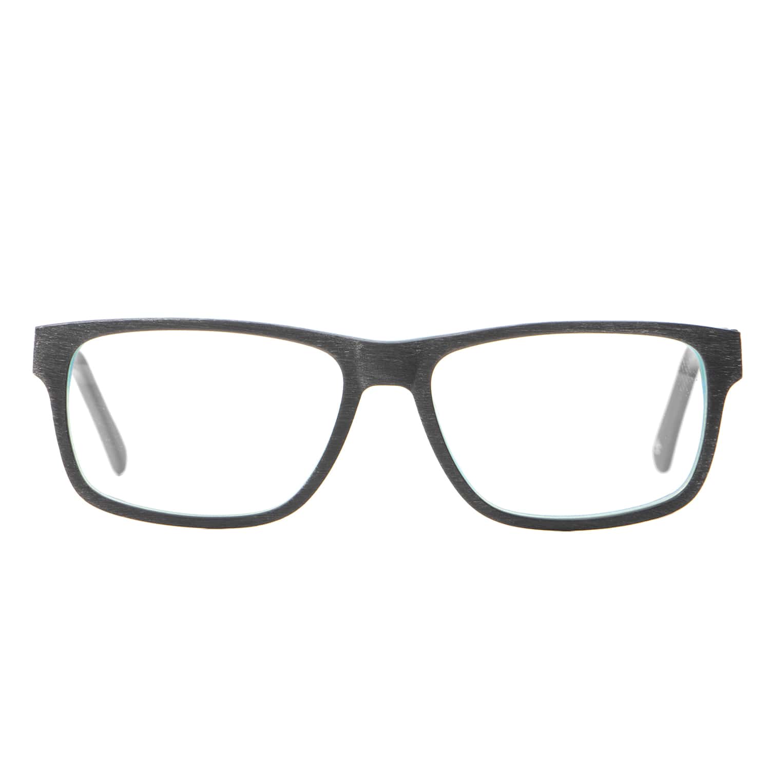 vista frontal de armazones o marcos opticos de material sustentable reciclado ecologico de forma rectangular de color negro para hombre y mujer de cara redonda#color_darkblue