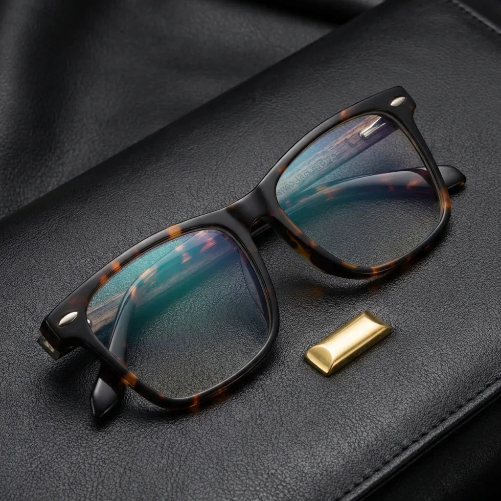 Lentes ópticos Puerto Carey sobre cuero negro con detalle brass dorado calidad premium receta Bonoboss #editorial_banner_confianza #color_carey