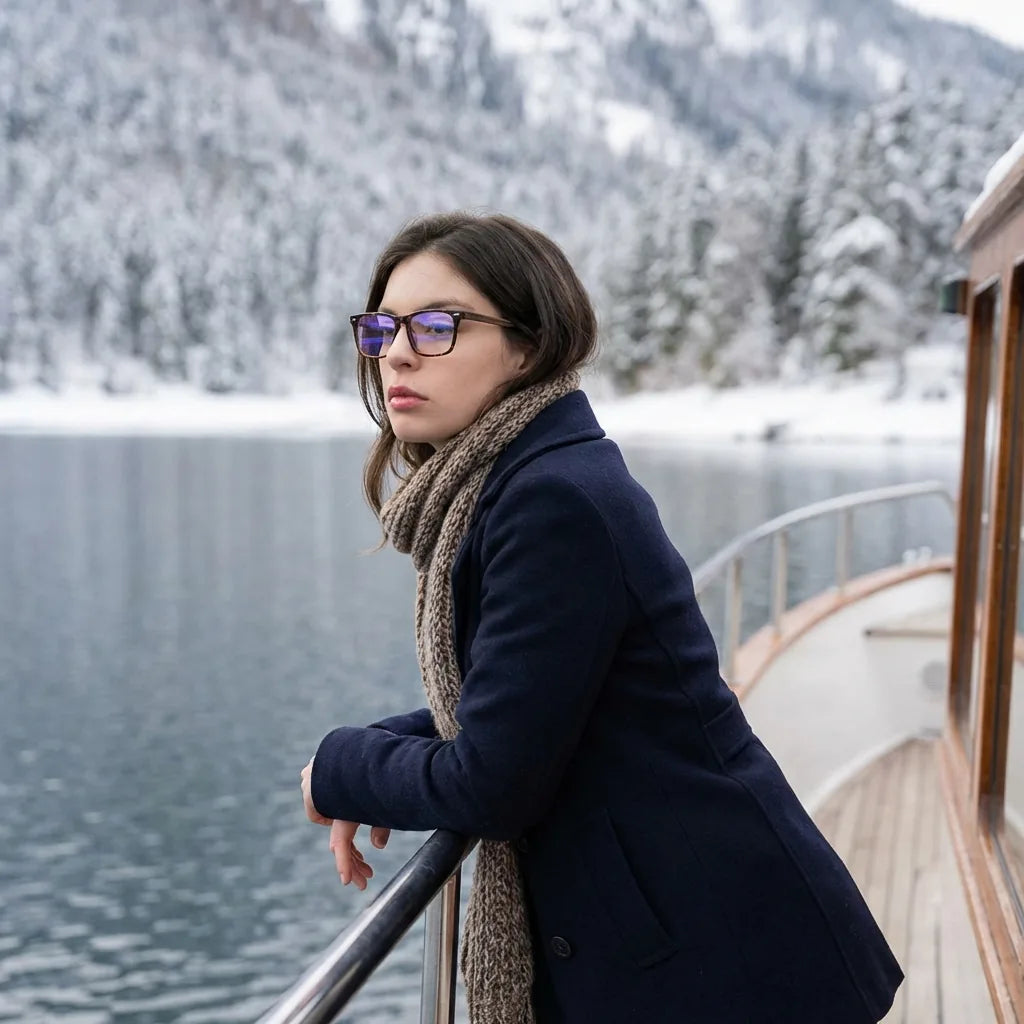Lentes ópticos Puerto Carey modelo en barco lago con bosque nevado Bonoboss #editorial_lifestyle1 #color_carey