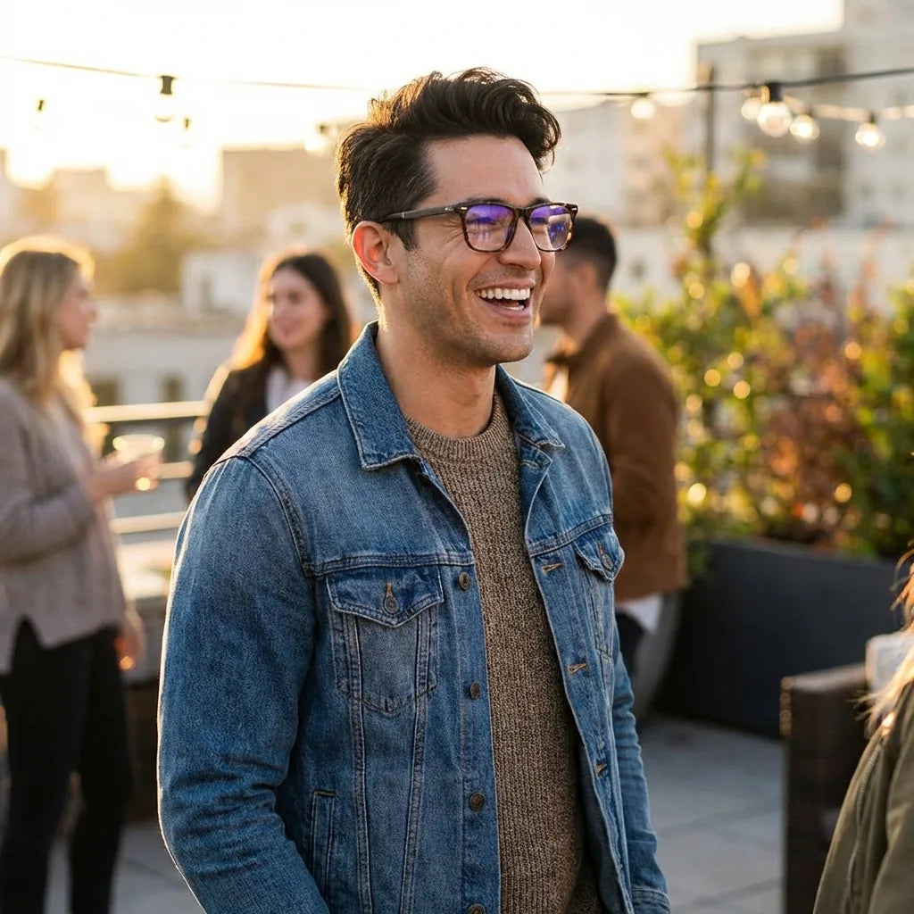 Lentes ópticos Puerto Carey modelo en contexto social urbano profesional Bonoboss #editorial_lifestyle3 #color_carey