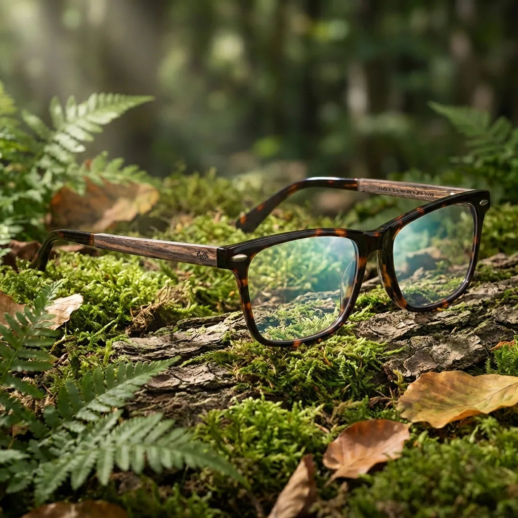 Lentes ópticos Puerto Carey en bosque verde natural diseño sustentable Bonoboss #editorial_sustentabilidad #color_carey