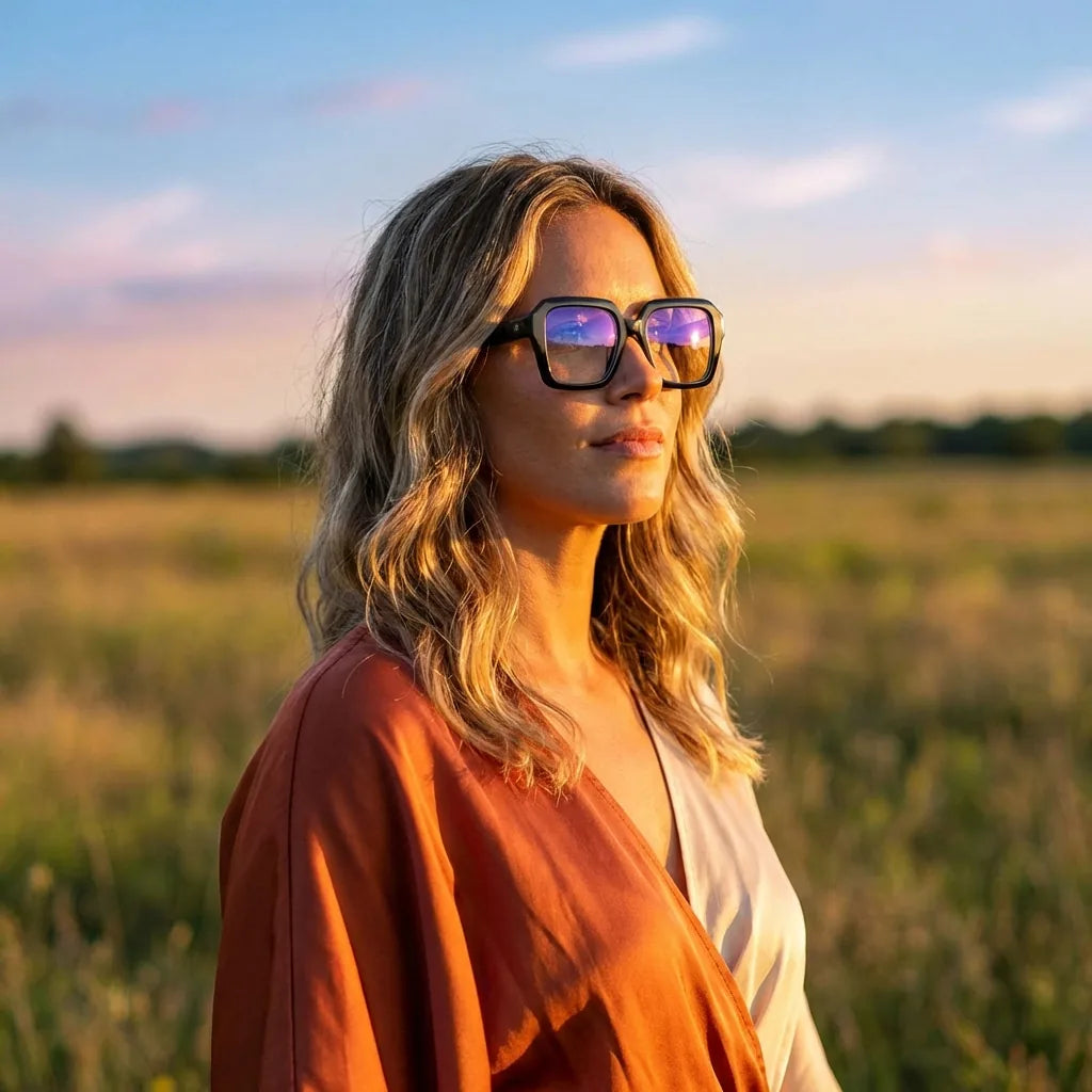 Lentes ópticos Rapel Negro mujer en luz dorada golden hour elegante Bonoboss #editorial_lifestyle2 #color_negro