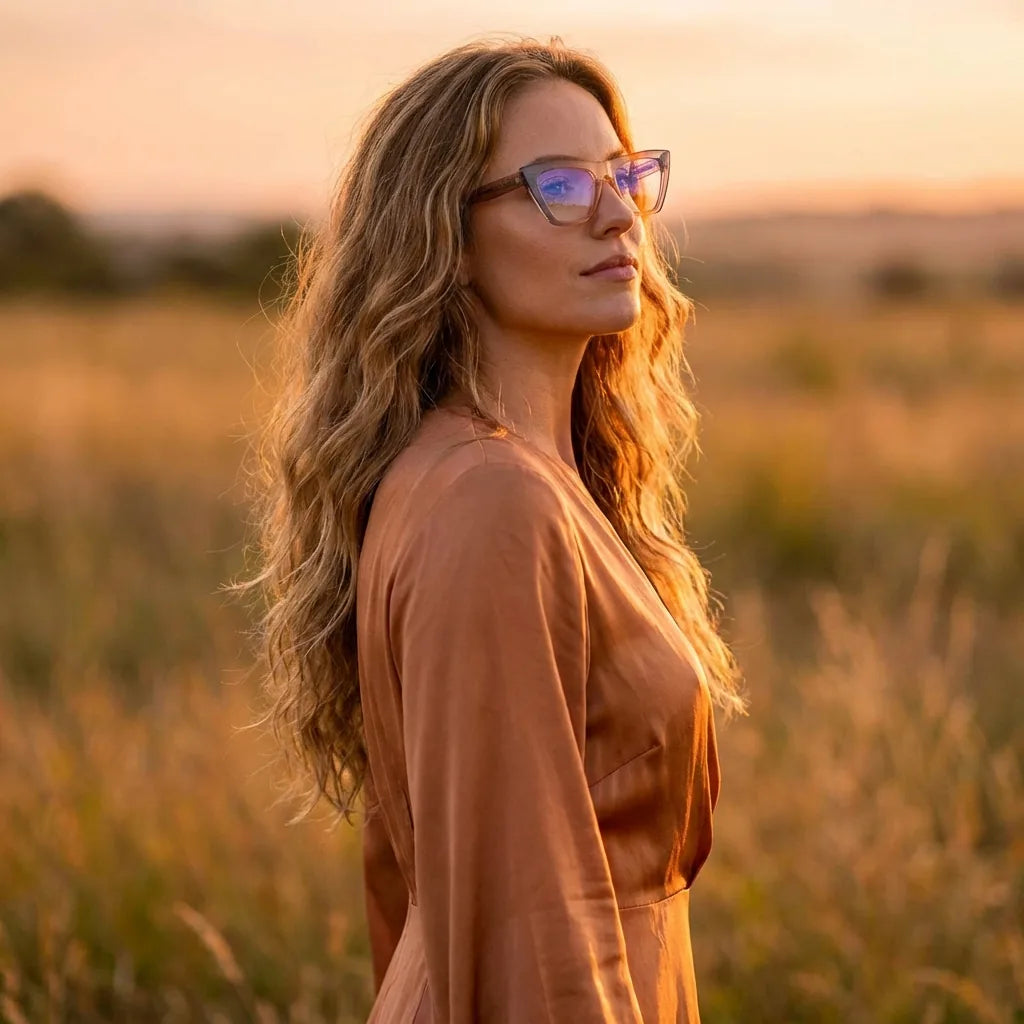 Lentes ópticos Rosario Champagne mujer en luz dorada golden hour elegante Bonoboss #editorial_lifestyle2 #color_champagne
