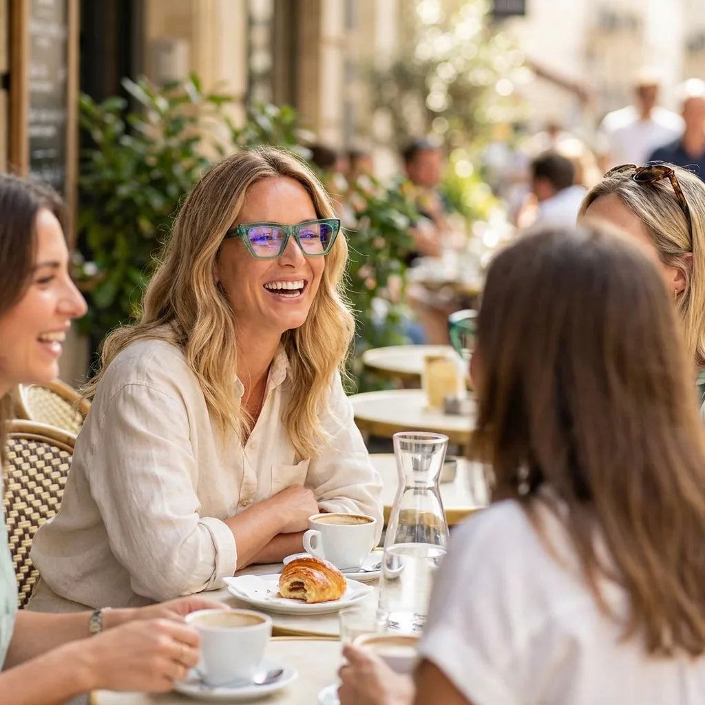 Lentes ópticos Rosario Verde mujer en café con amigas ambiente social Bonoboss #editorial_lifestyle1 #color_verde