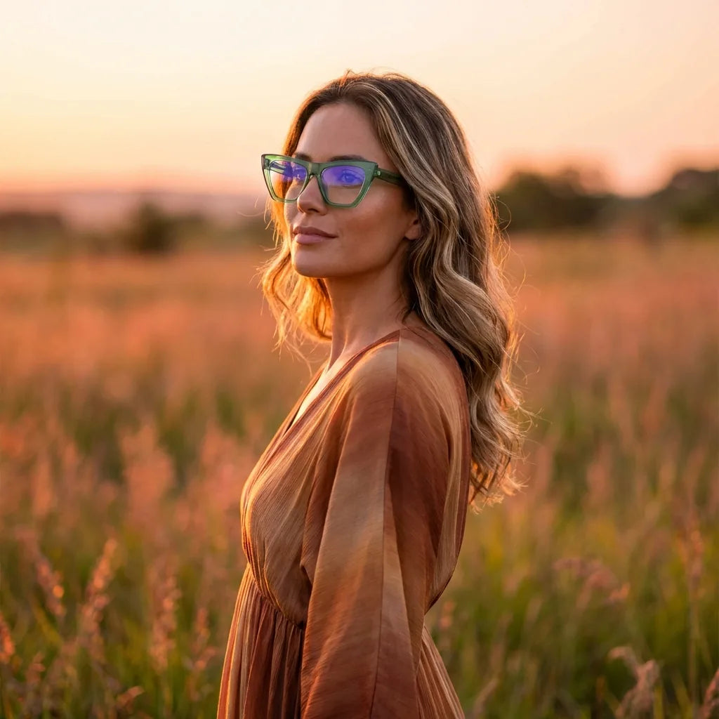 Lentes ópticos Rosario Verde mujer en luz dorada golden hour elegante Bonoboss #editorial_lifestyle2 #color_verde
