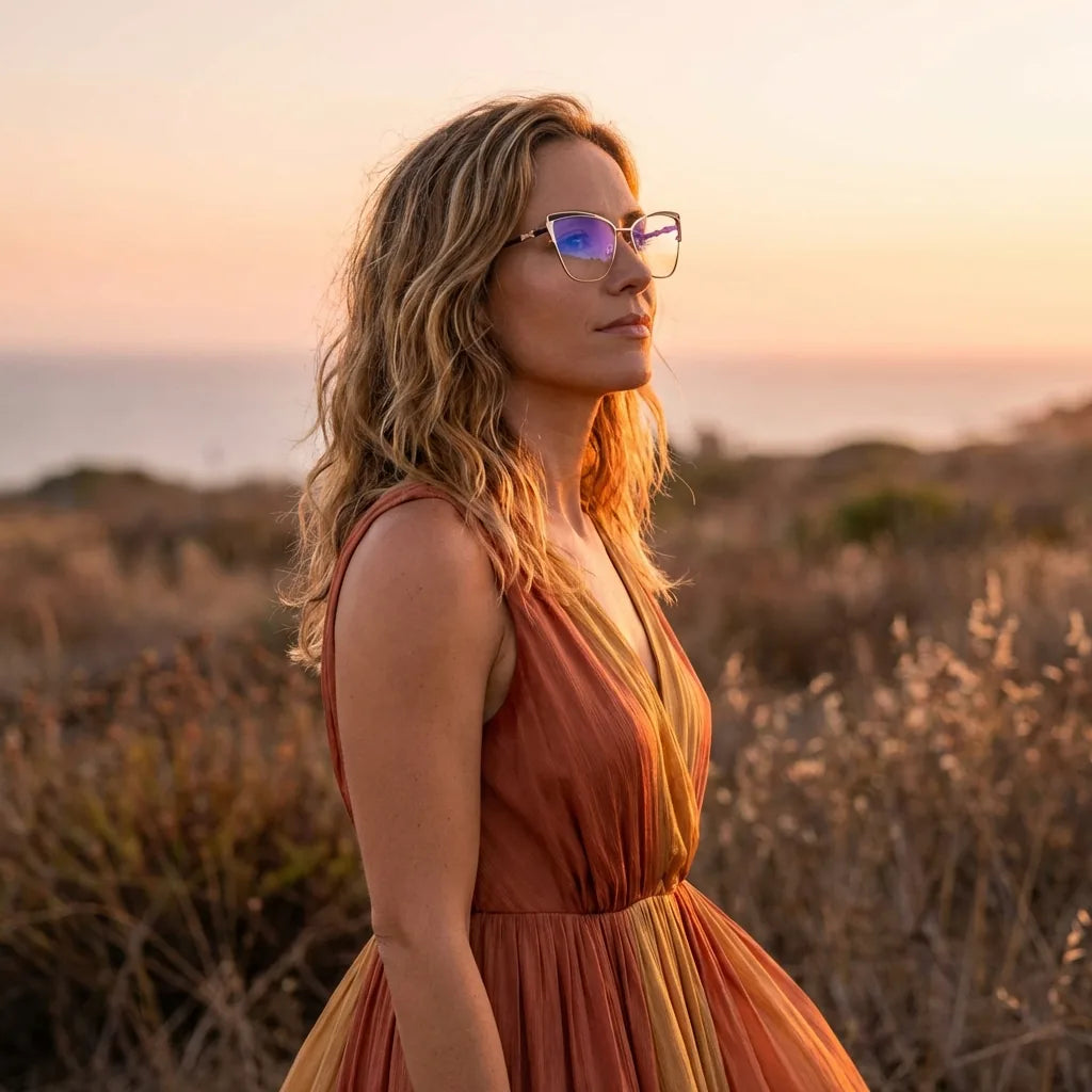 Lentes ópticos Sabrina Negro mujer en luz dorada golden hour elegante Bonoboss #editorial_lifestyle2 #color_negro