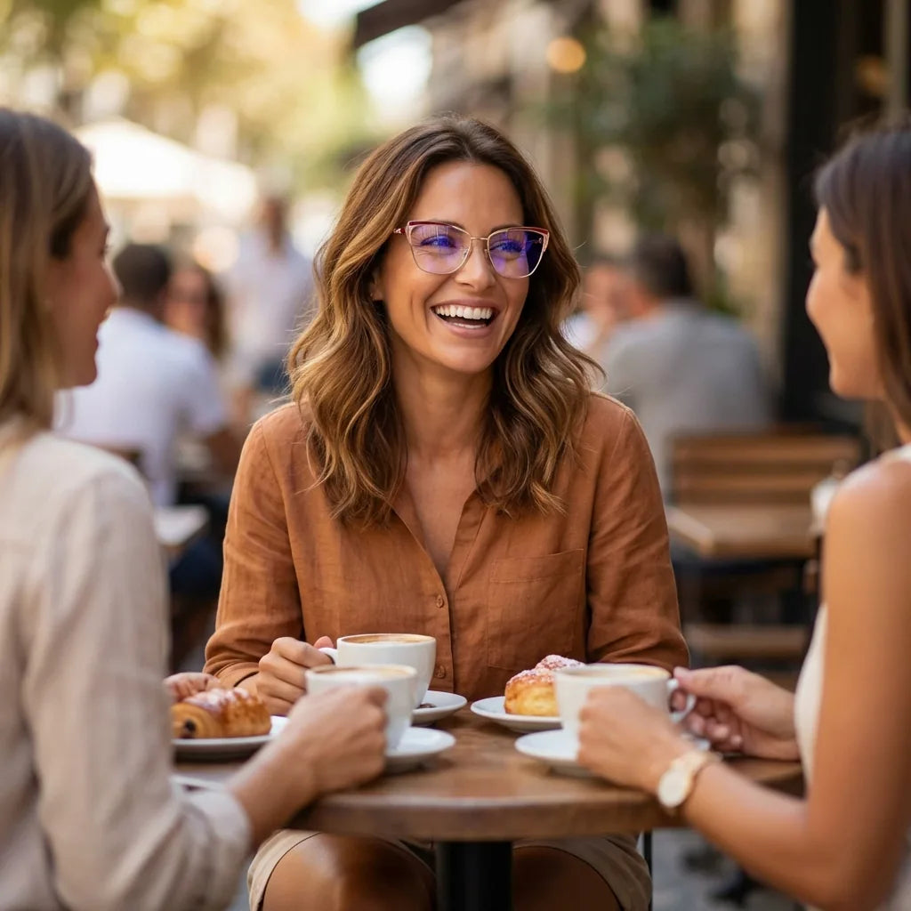 Lentes ópticos Sabrina Rojo mujer en café con amigas ambiente social Bonoboss #editorial_lifestyle1 #color_rojo
