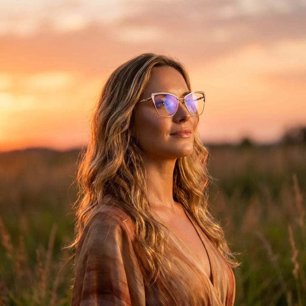 Lentes ópticos Sabrina Rosado mujer en luz dorada golden hour elegante Bonoboss #editorial_lifestyle2 #color_rosado