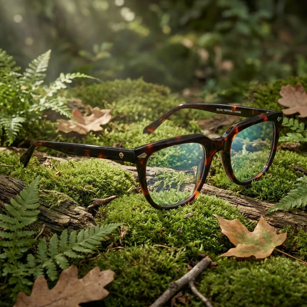 Lentes ópticos Selkie Carey en bosque verde natural diseño sustentable Bonoboss #editorial_sustentabilidad #color_carey