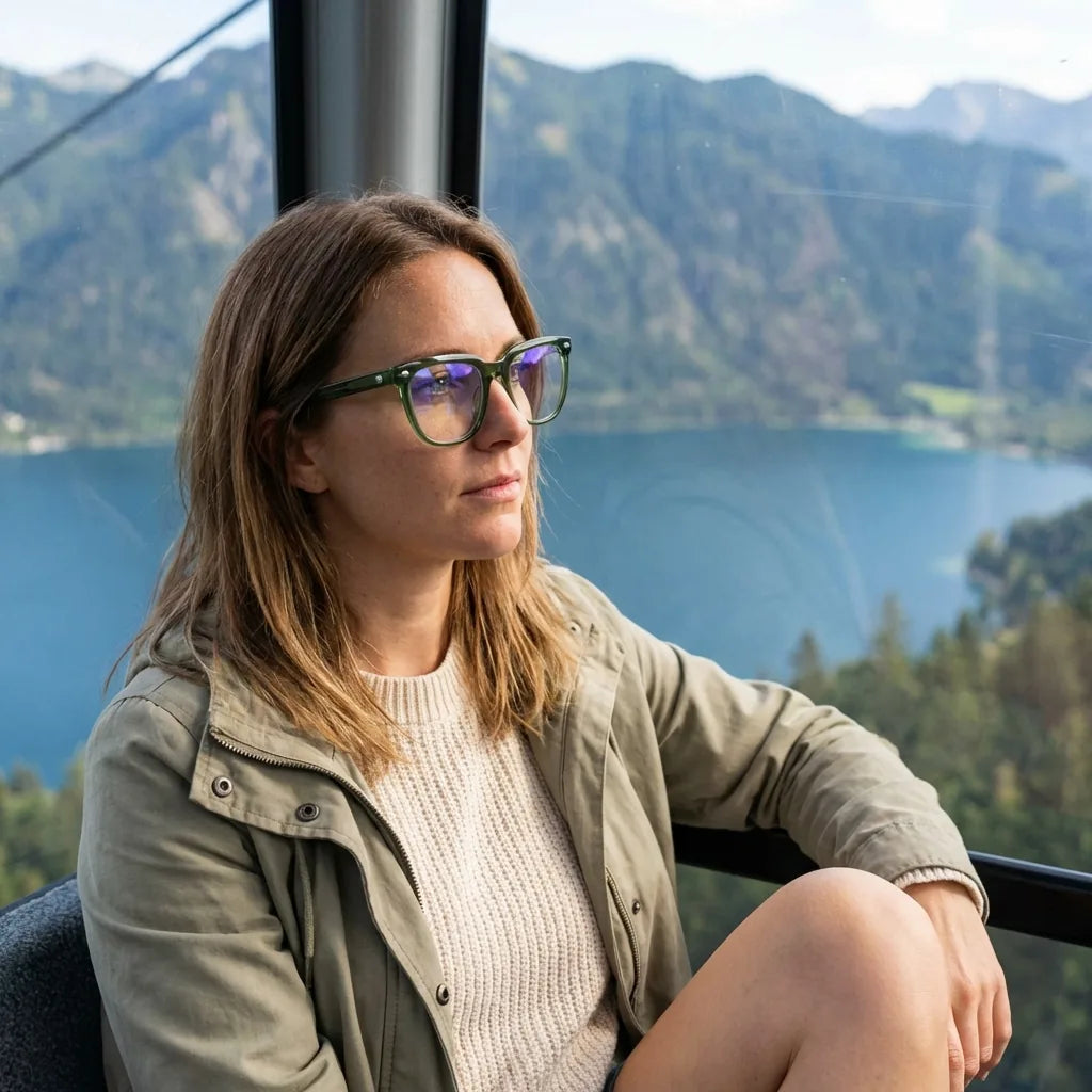 Lentes ópticos Selkie Verde modelo en teleférico con vista a lago Bonoboss #editorial_lifestyle3 #color_verde