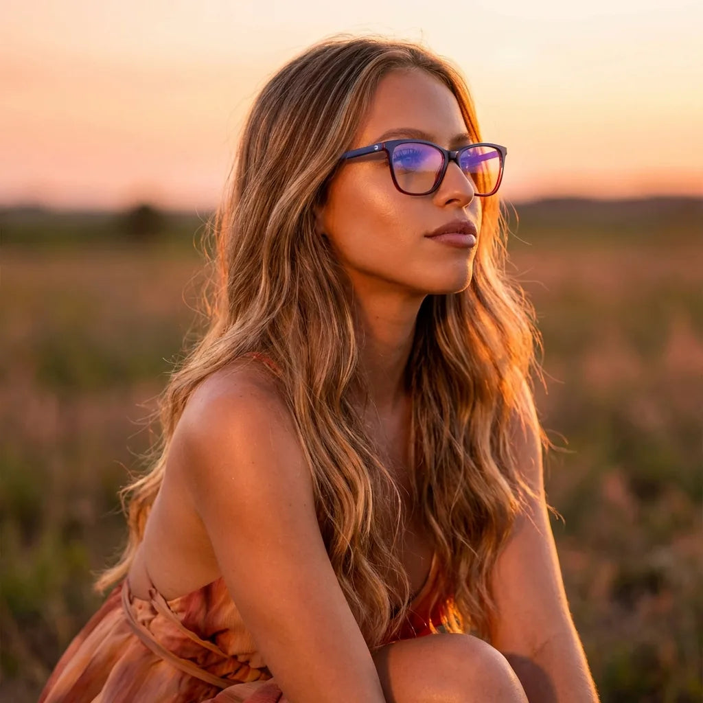 Lentes ópticos Sofia Azul mujer en luz dorada golden hour elegante Bonoboss #editorial_lifestyle2 #color_azul