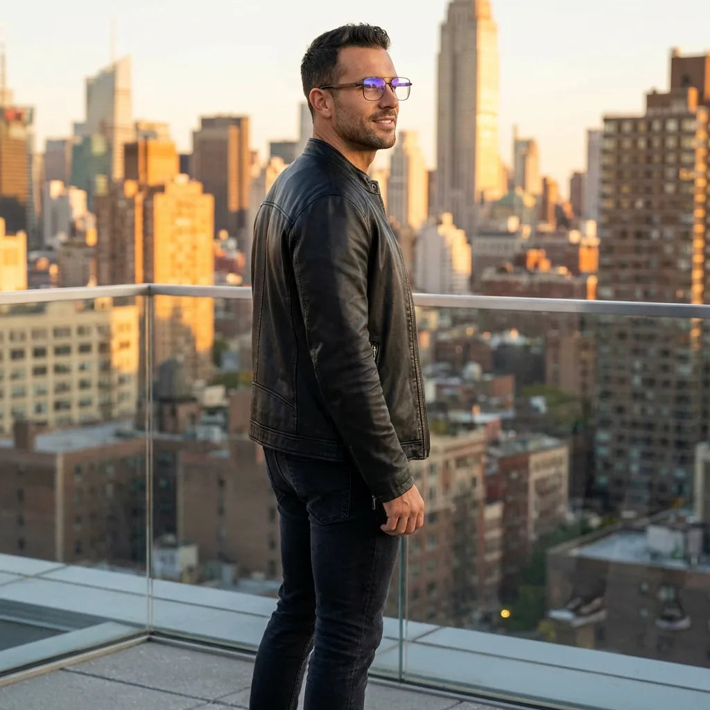 Lentes ópticos Tito Negro hombre profesional en rooftop urbano atardecer Bonoboss #editorial_lifestyle1 #color_negro