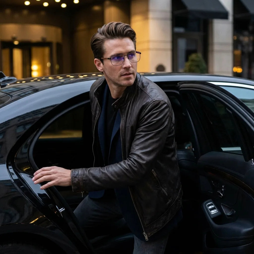 Lentes ópticos Tito Negro hombre elegante bajando de auto premium Bonoboss #editorial_lifestyle4 #color_negro