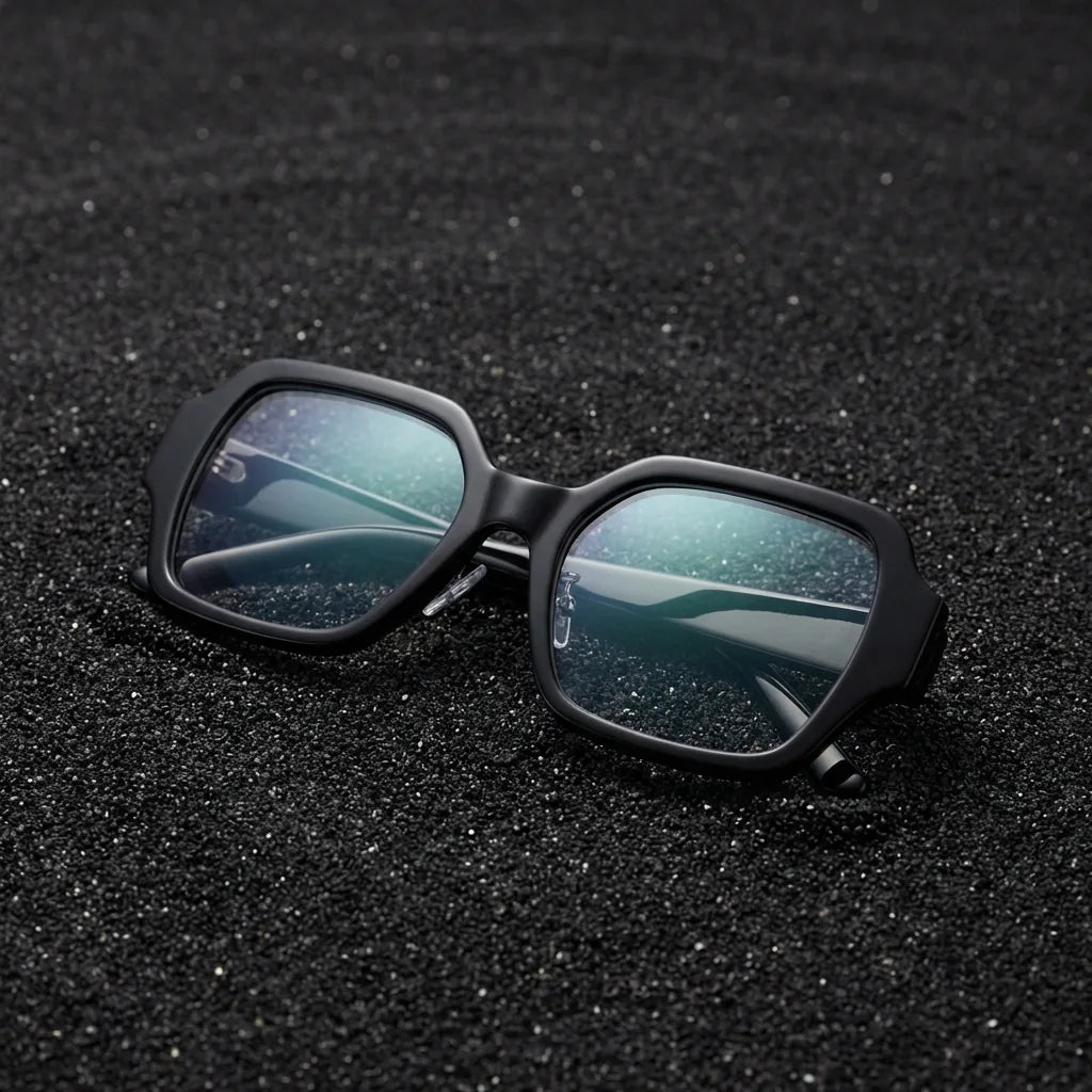 Lentes ópticos Venus Negro sobre arena volcánica texturizada diseño sustentable Bonoboss #editorial_sustentabilidad #color_negro