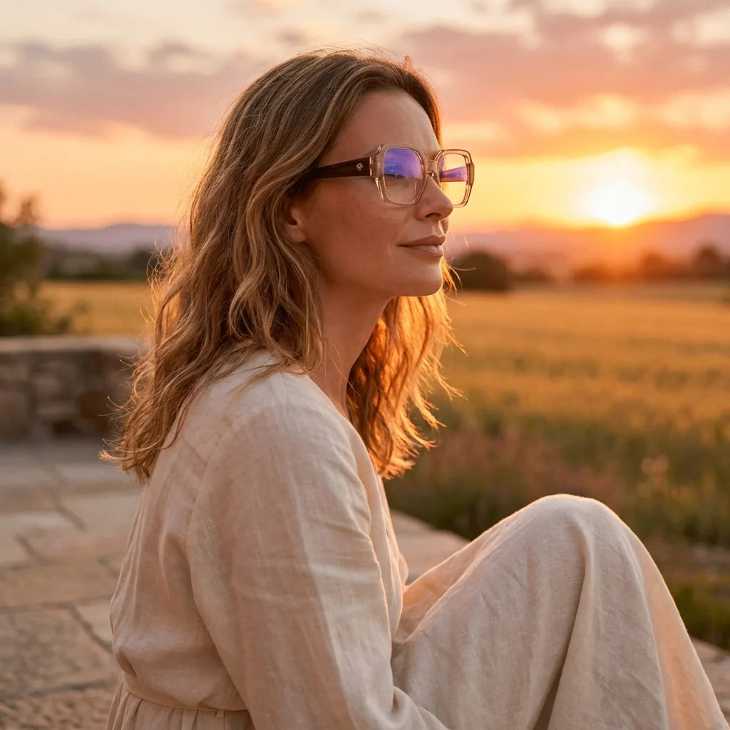 Lentes ópticos Venus Champagne mujer en luz dorada golden hour elegante Bonoboss #editorial_lifestyle1 #color_champagne