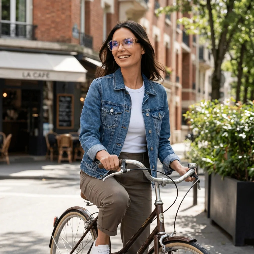 Lentes ópticos Venus Champagne mujer en bicicleta vintage café urbano Bonoboss #editorial_lifestyle2 #color_champagne