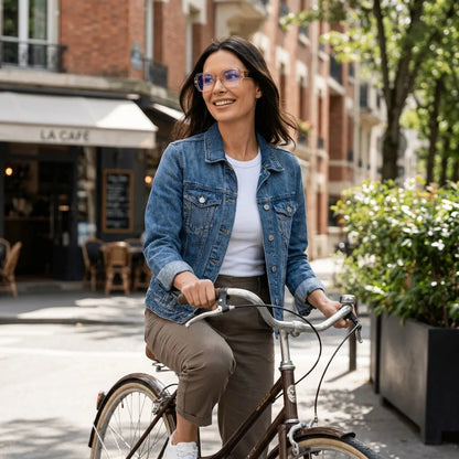 Lentes ópticos Venus Champagne mujer en bicicleta vintage café urbano Bonoboss #editorial_lifestyle2 #color_champagne