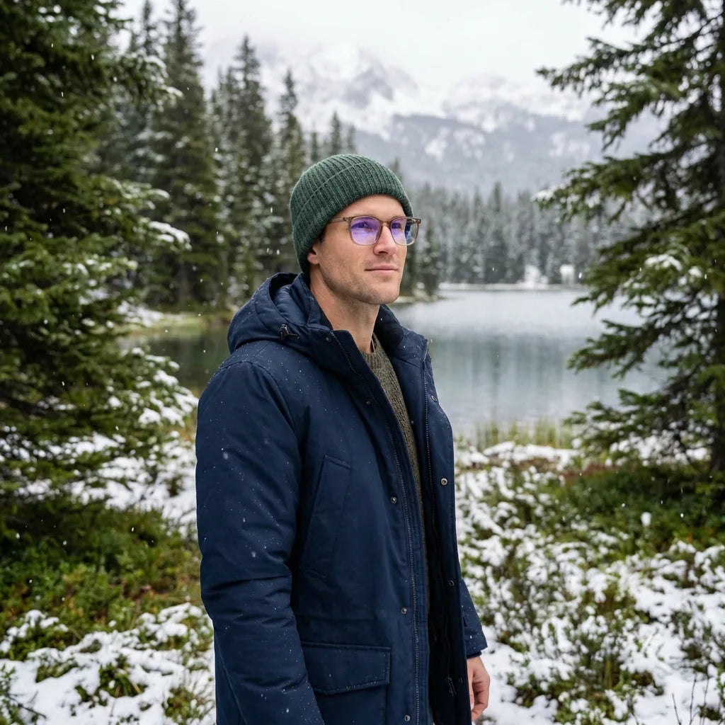 Lentes ópticos Waimea Steel Optic Champagne modelo con gorro en bosque nevado invernal Bonoboss #editorial_lifestyle1 #color_champagne