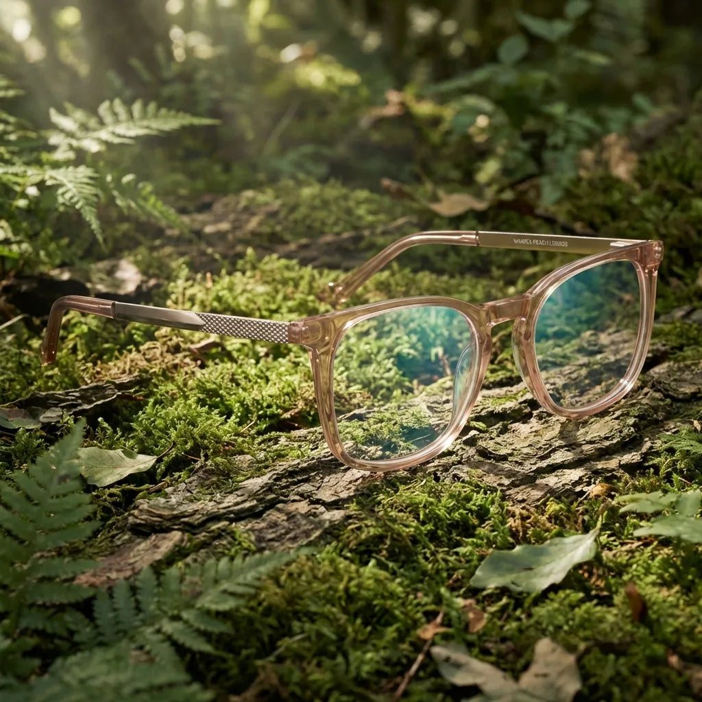 Lentes ópticos Waimea Steel Optic Champagne en bosque verde natural diseño sustentable Bonoboss #editorial_sustentabilidad #color_champagne