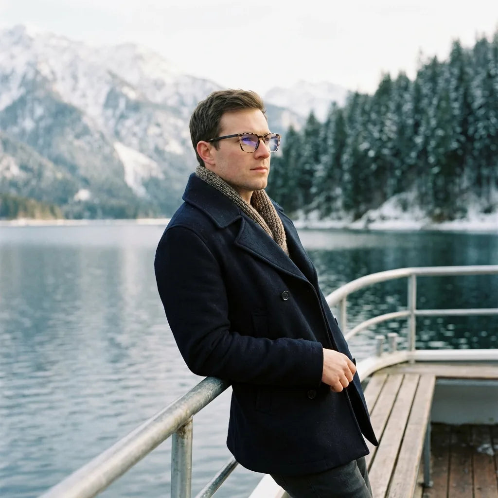 Lentes ópticos Waimea Steel Optic Marble modelo en barco lago con bosque nevado Bonoboss #editorial_lifestyle1 #color_marble