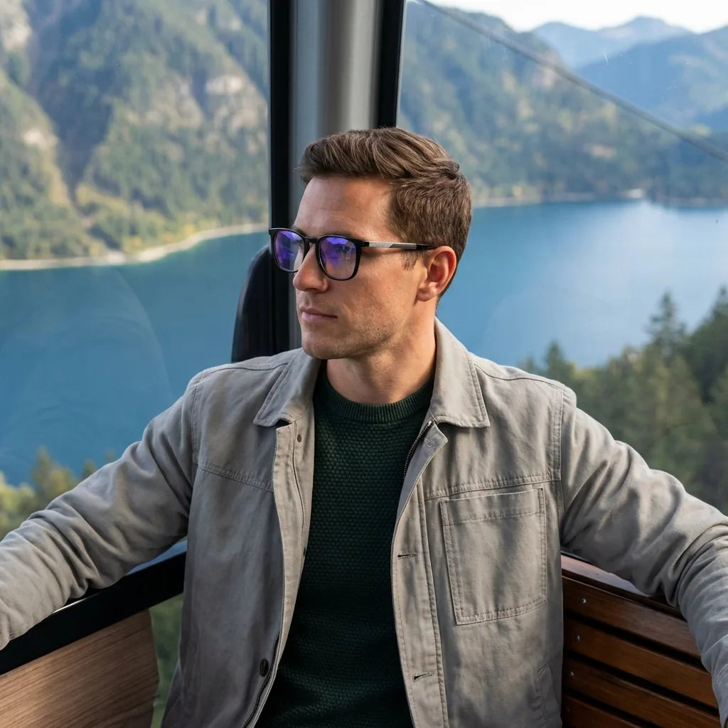 Lentes ópticos Waimea Steel Optic Negro modelo en teleférico con vista a lago Bonoboss #editorial_lifestyle4 #color_negro